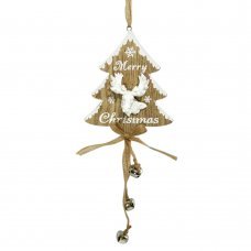 Χριστουγεννιάτικο Κρεμαστό Ξύλινο Δεντράκι, με Κεραμικό Τάρανδο και Κουδουνάκια (40cm)